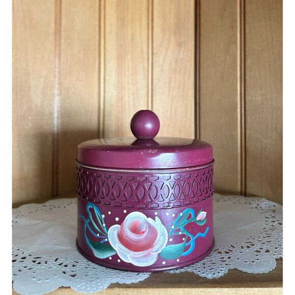 Vintage Hand-Painted Floral Decorative Toleware Lidded Tin Box Cannister Vanity - Picture 1 of 7
